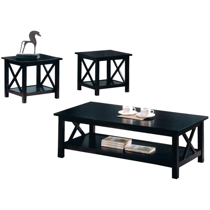 Wooden Table Set With X Design On Sides, Pack Of Three, Dark Brown