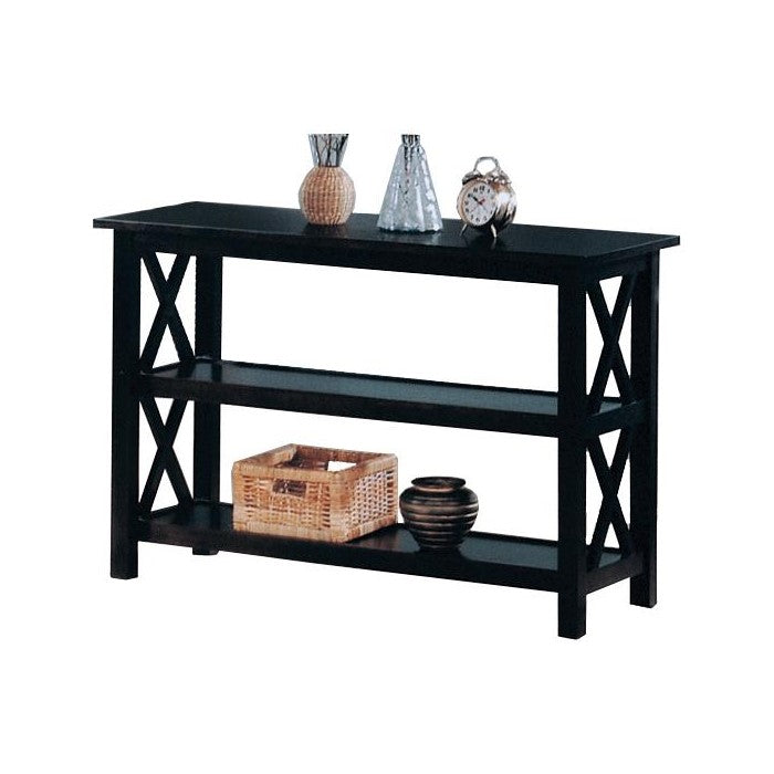 Transitional Wooden Sofa Table With "X" Side Design & Two Shelves, Dark Brown