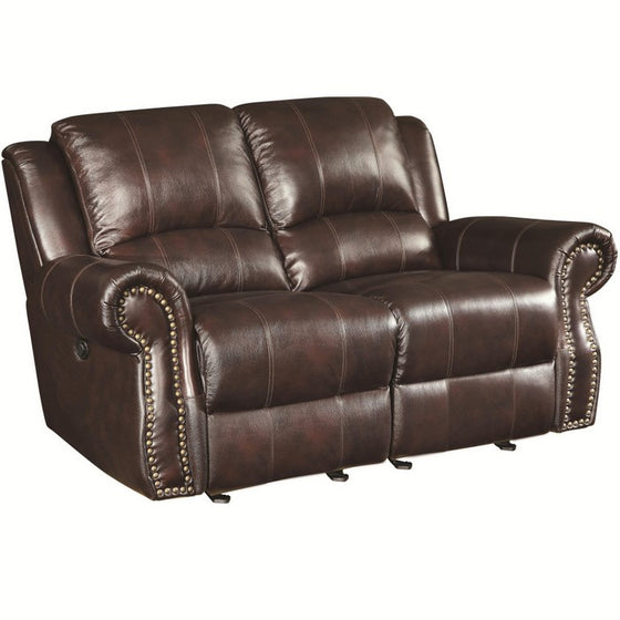 Contemporary Style Top Grain Leather Motion Loveseat With Nailhead Accents,Brown
