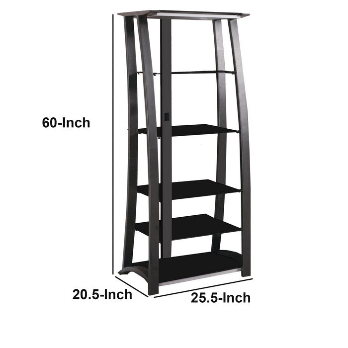 Contemporary Metal Framed Media Tower with Five Open Glass Shelves, Black