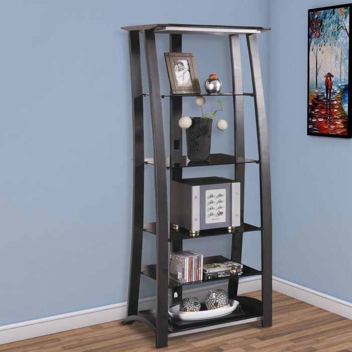 Contemporary Metal Framed Media Tower with Five Open Glass Shelves, Black