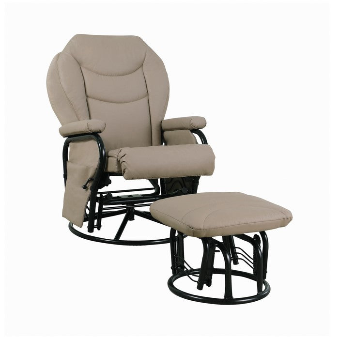 Leatherette Metal Swivel Glider Recliner with Ottoman, Beige and Black, Set of 2