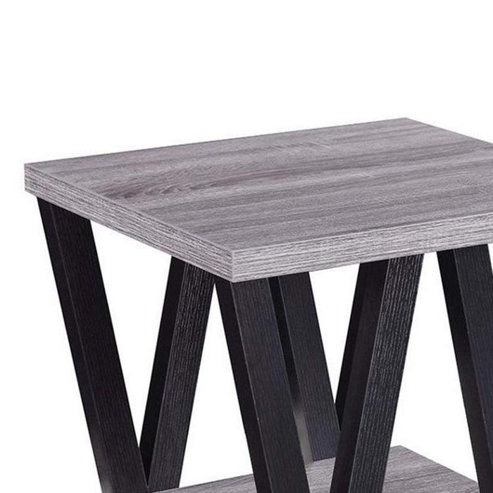 Zig-zag Contemporary Solid Wooden End Table With Bottom Shelf, Gray And Black