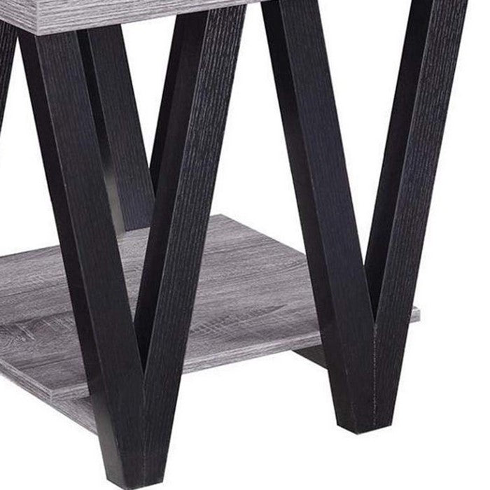 Zig-zag Contemporary Solid Wooden End Table With Bottom Shelf, Gray And Black