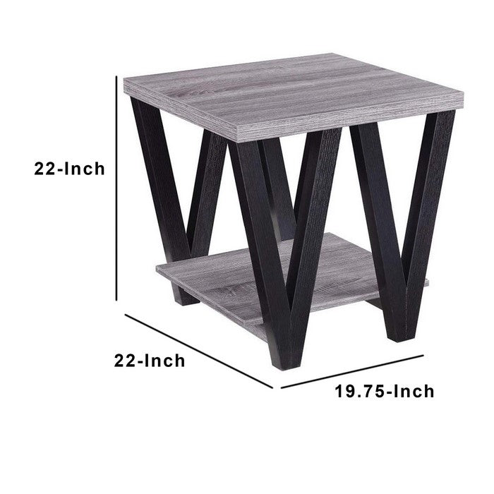 Zig-zag Contemporary Solid Wooden End Table With Bottom Shelf, Gray And Black