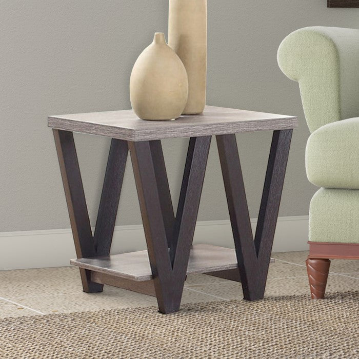 Zig-zag Contemporary Solid Wooden End Table With Bottom Shelf, Gray And Black