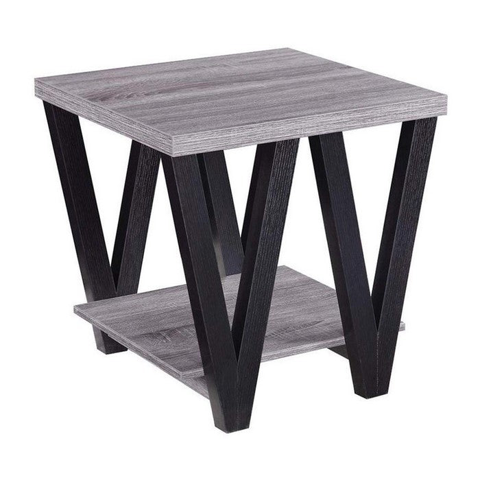 Zig-zag Contemporary Solid Wooden End Table With Bottom Shelf, Gray And Black