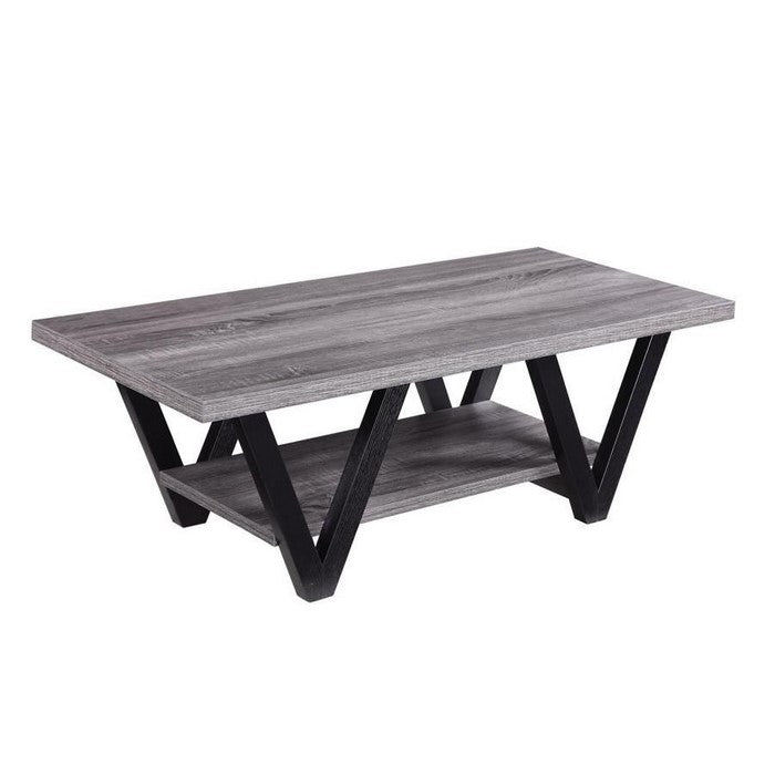 Zigzag Contemporary Solid Wooden Coffee Table With Bottom Shelf, Gray And Black