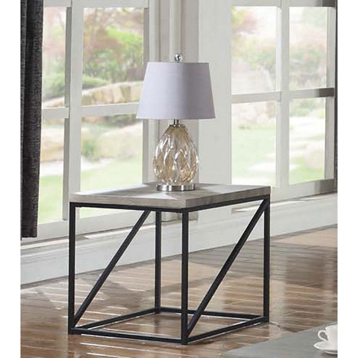 Industrial Style Minimal End Table With Wooden Top And Metallic Base, Gray