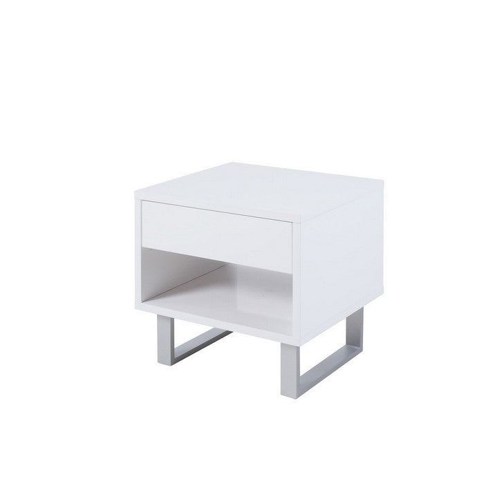 Contemporary Storage End Table With Metallic Base, Glossy White