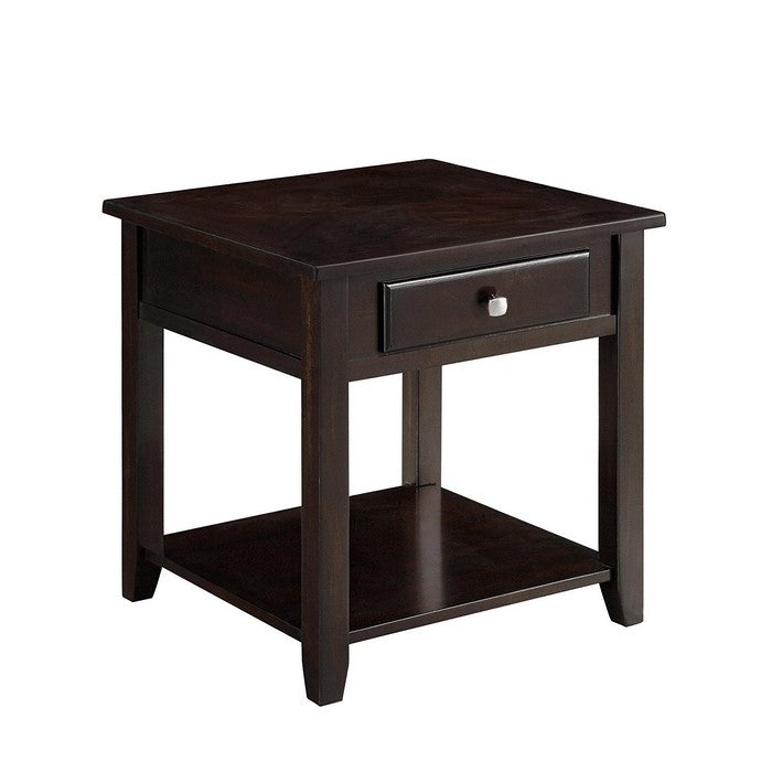 Wooden End Table With Drawer and Bottom Shelf, Walnut Brown