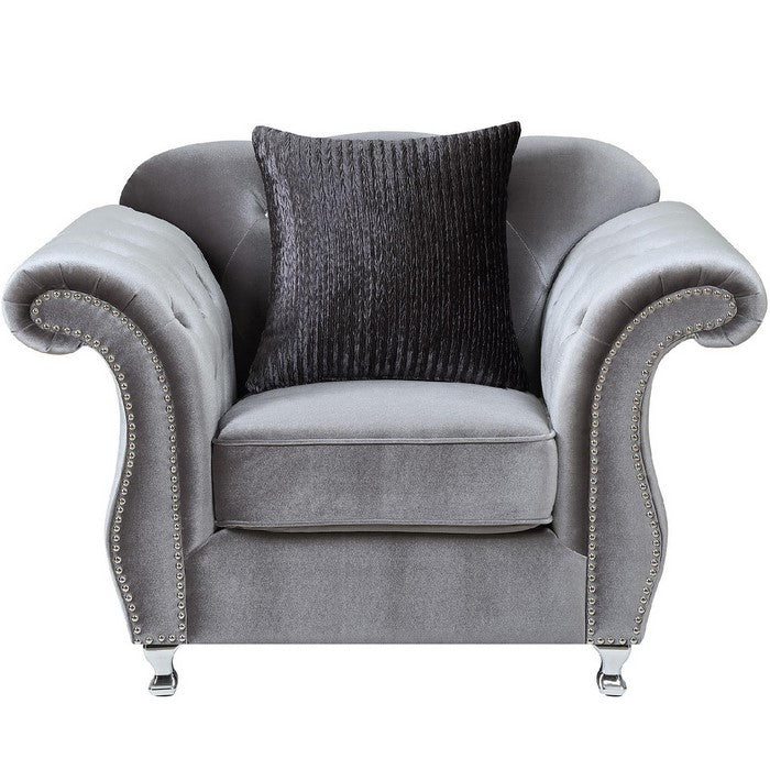 Fabric Upholstered Chair With Nail Head Accents And Chrome Legs, Light Gray