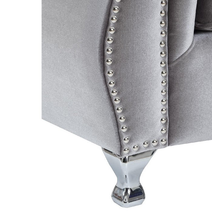 Fabric Upholstered Chair With Nail Head Accents And Chrome Legs, Light Gray