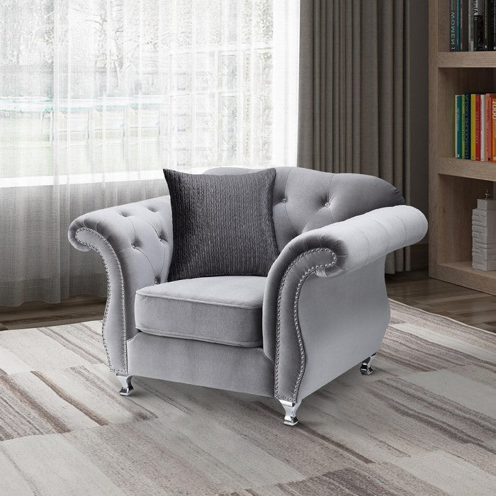 Fabric Upholstered Chair With Nail Head Accents And Chrome Legs, Light Gray