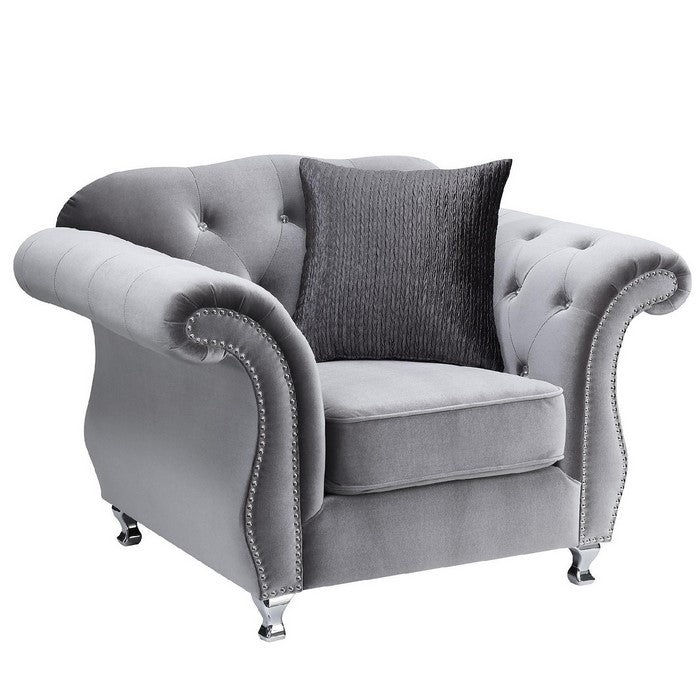 Fabric Upholstered Chair With Nail Head Accents And Chrome Legs, Light Gray