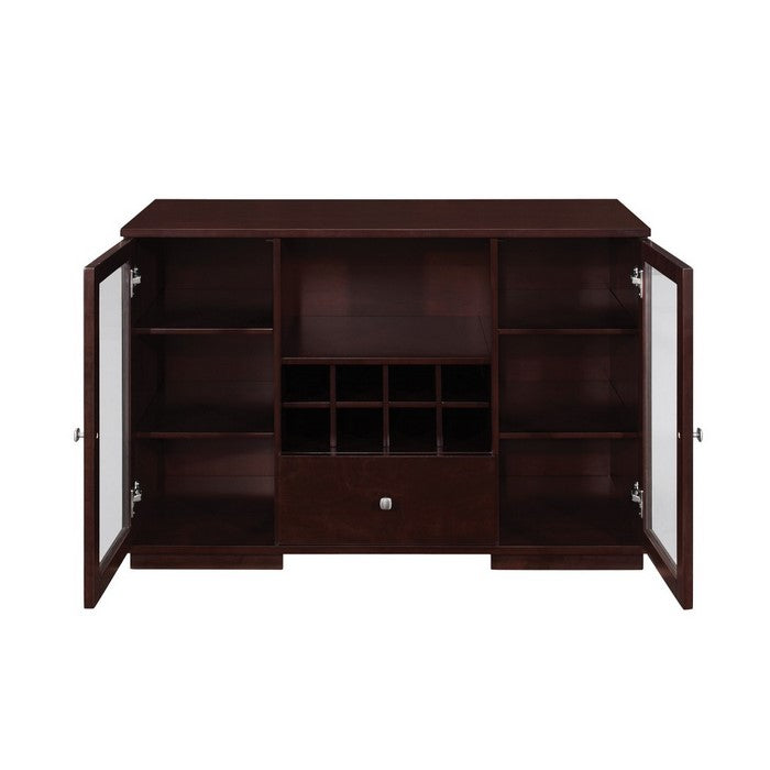 Transitional Wooden Server with Wine Bottle Storage and Two Cabinets, Brown