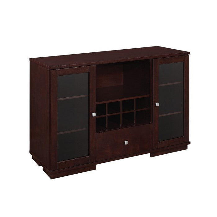 Transitional Wooden Server with Wine Bottle Storage and Two Cabinets, Brown