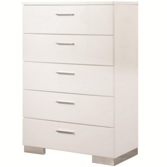 Modern Wooden Chest with 5 Drawers and Chrome Metal Base, White