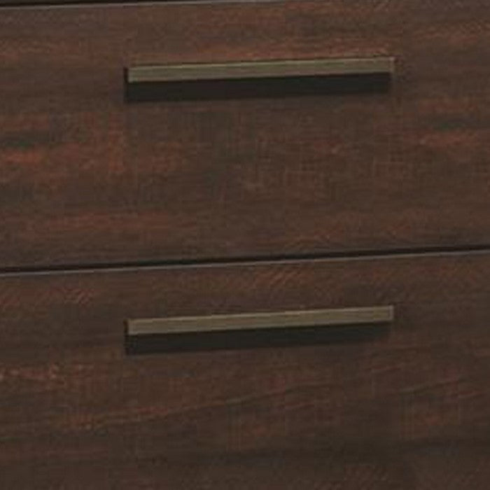 Wooden Nightstand with Two Drawers and Metal Bar Handles, Brown