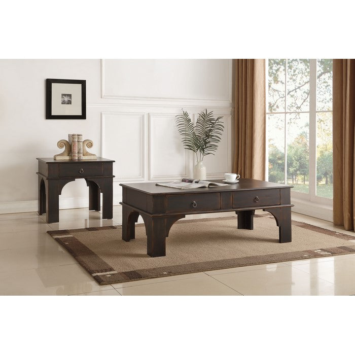 Rectangular Wooden End Table With Ring Pull Drawer, Antique Espresso Brown