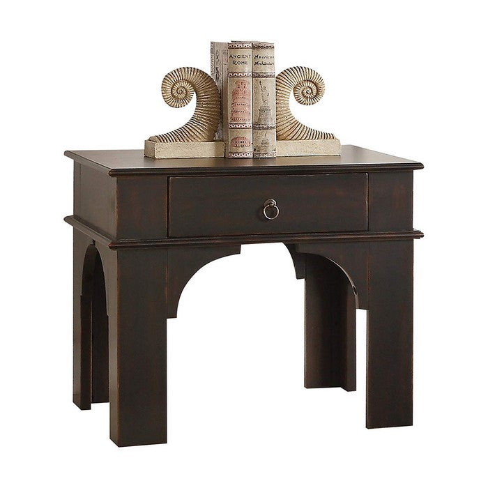 Rectangular Wooden End Table With Ring Pull Drawer, Antique Espresso Brown