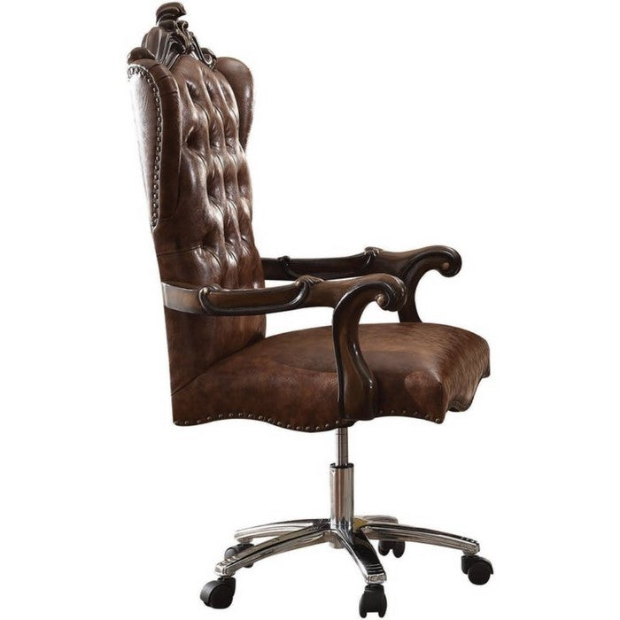 Faux Leather Upholstered Wooden Executive Chair With Swivel, Cherry Oak Brown