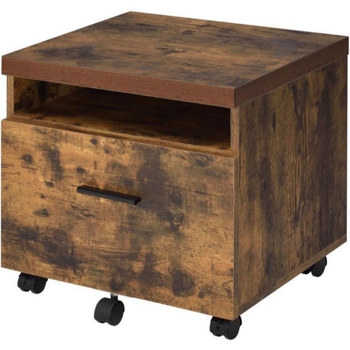 Wooden File Cabinet With Open Compartment And Drawer, Oak Brown And Black