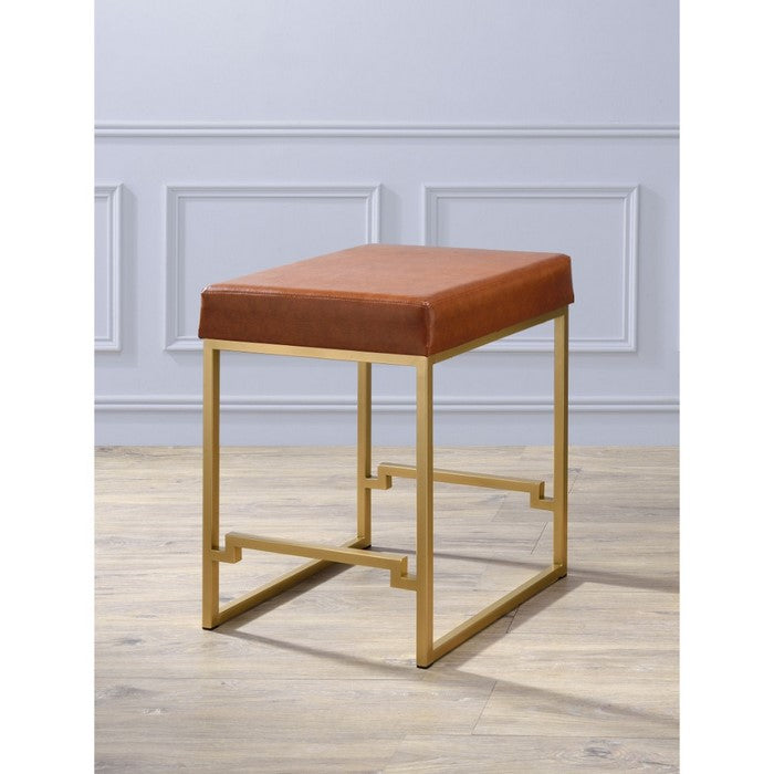 Metallic Counter Height Stool with Leather Upholstered Seat, Gold & Brown