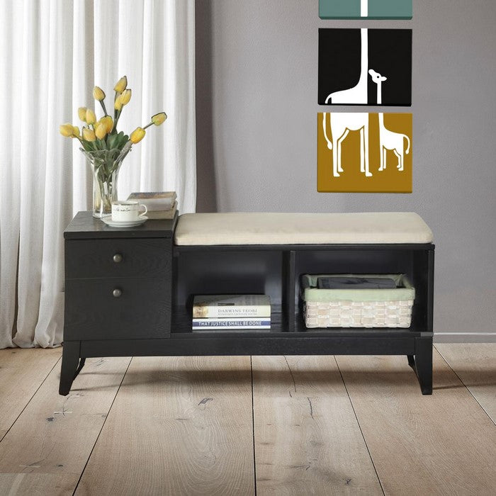 Wooden Bench with Fabric Upholstered Seat Cushion & Storage Space, Black