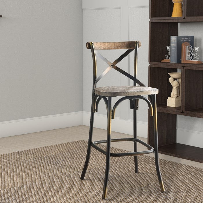 Wood and Metal Frame Bar Chair with X Style Back, Copper and Brown