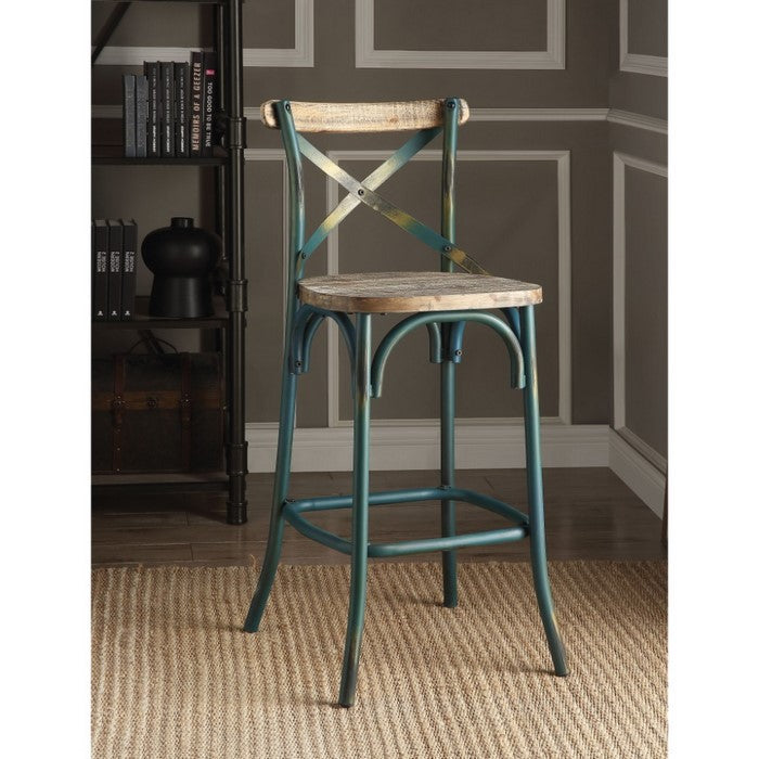 Metal Bar Height Chair with X Shaped Open Back, Distressed Blue and Brown