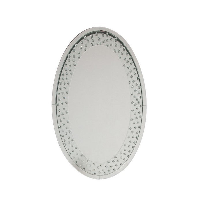 Oval Shaped Wall Mirror with Faux Crystals Inlay, Silver