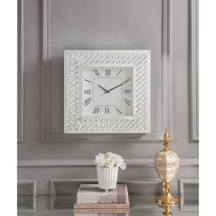Square Shaped Wall Clock with Faux Crystals Inlay, Silver