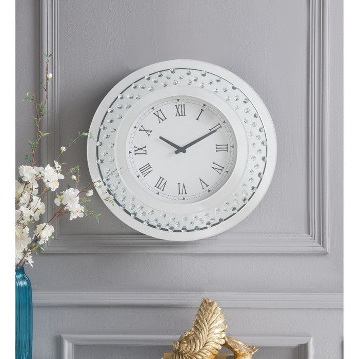 Round Shaped Wall Clock with Faux Crystals Inlay, Silver