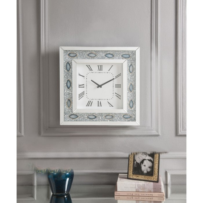 Square Shaped Wall Clock with Faux Agate Stones, Silver