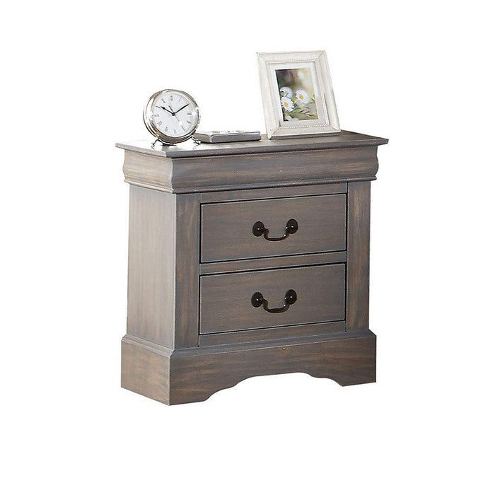 2 Drawer Wooden Nightstand with Antique Metal Handles, Gray