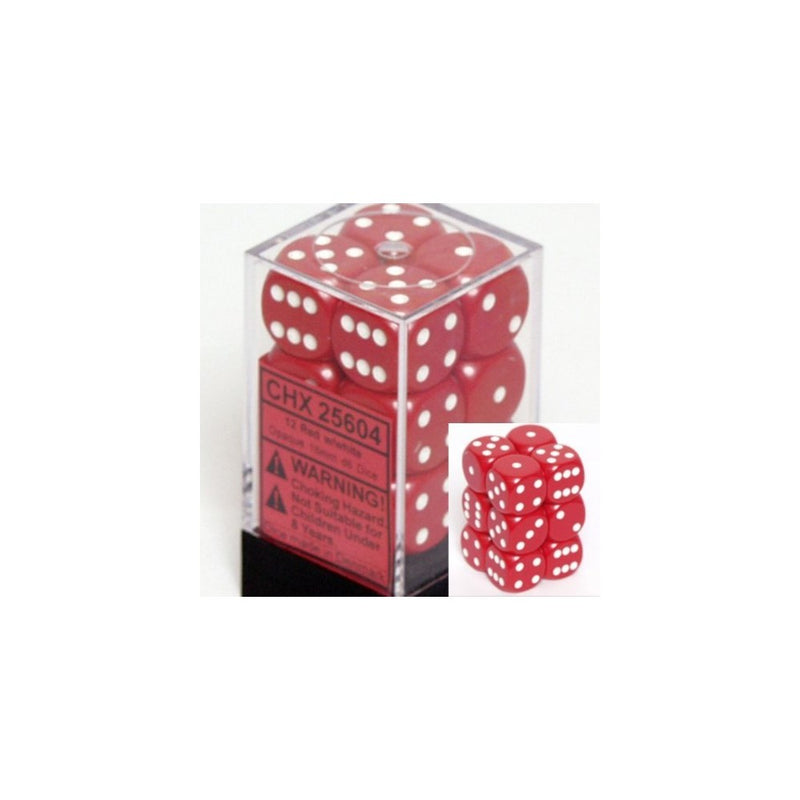 Chessex Dice d6 Sets: Opaque Red with White - 16mm Six Sided Die (12) Block of Dice