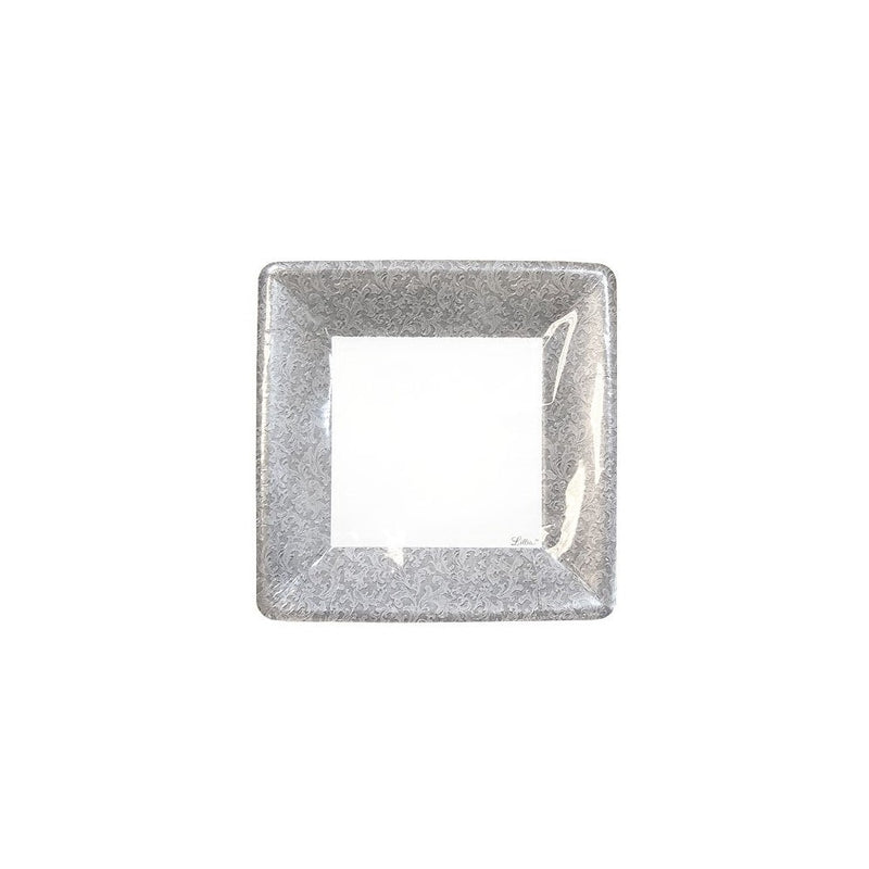 Lillian Tablesettings 24-Piece Square Paper Plates Set, 7-Inch, Silver Texture