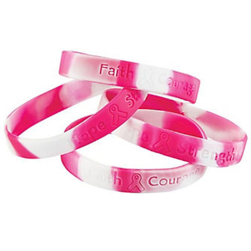 Fun Express 12 Ribbon Silicone Camouflage Bracelets Breast Cancer Awareness Wrist Bands, Pink