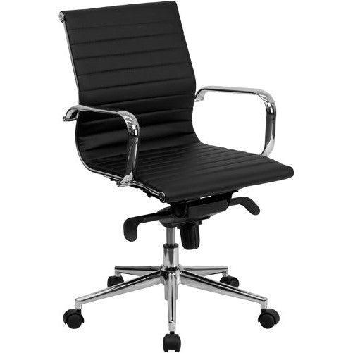 Flash Furniture Mid-Back Black Ribbed Leather Swivel Conference Chair with Knee-Tilt Control and Arms