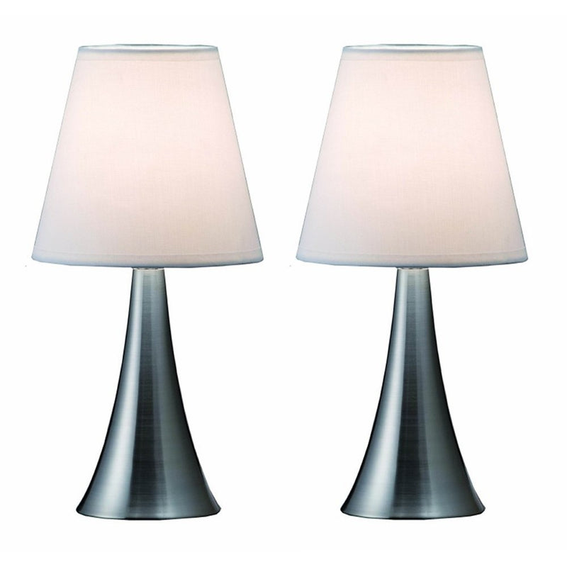 Simple Designs LT2014-WHT-2PK Valencia Brushed Nickel 2 Pack Mini Touch Table Lamp Set with Fabric Shades, White