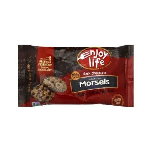 Enjoy Life Dark Chocolate Regular Size Morsels, Net Wt 9 OZ Per Package, Multi-Pack of 4 Packages. Dairy-Free, Nut-Free, and Soy-Free Chocolate Chips. 69% Cacao. Certified Gluten Free. Made In A Dedicated Nut And Gluten-Free Facility.