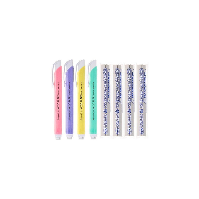 Xeno Tri-II Retractable Click Eraser Bundle with 8-Pack Refill, Assorted Colors (4-Pack)