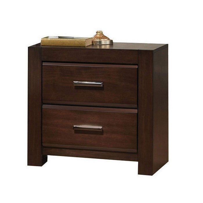 Wooden Nightstand with Two Drawers and Metal Handles, Brown