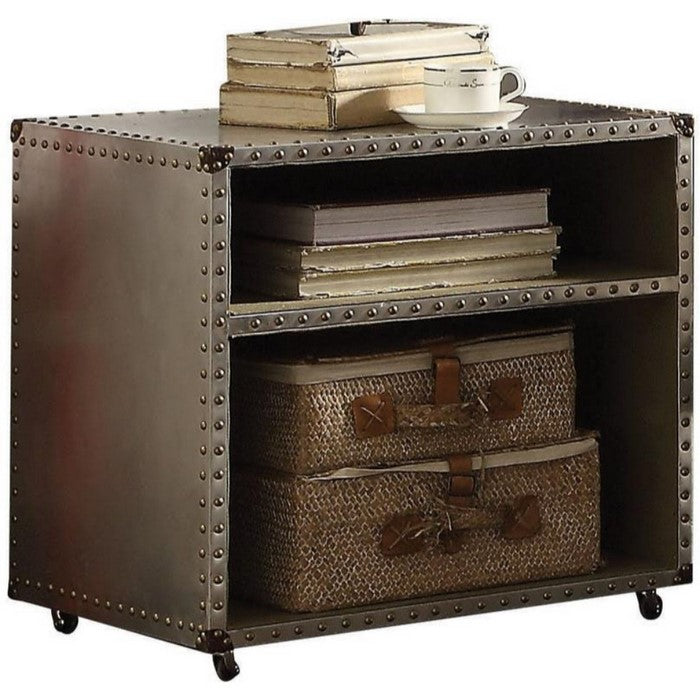 Metal Nightstand with 2 Compartments and Nailhead Trim, Silver