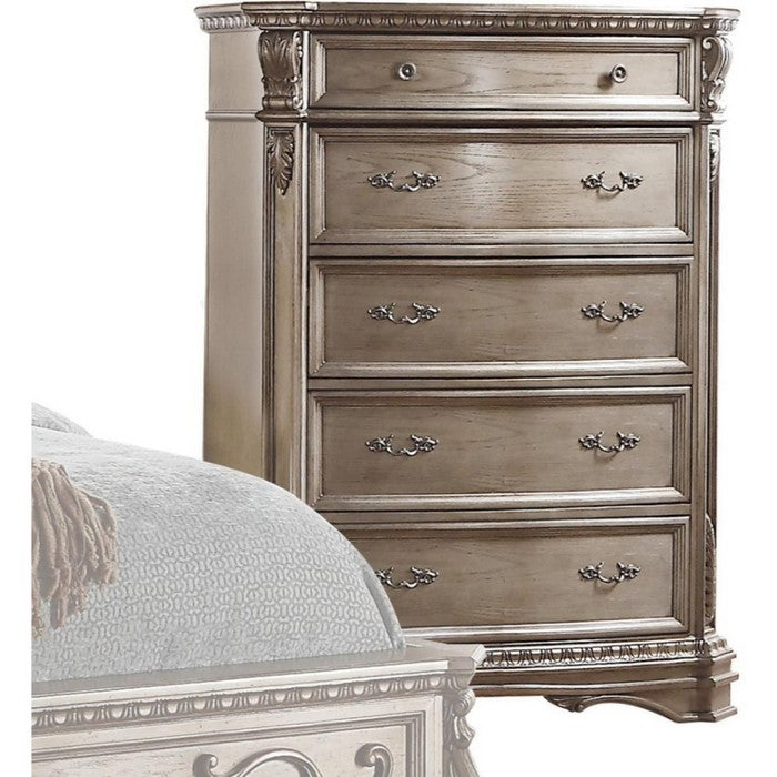 Wooden Five Drawers Chest With Raised Scrolled Motifs, Antique Champagne