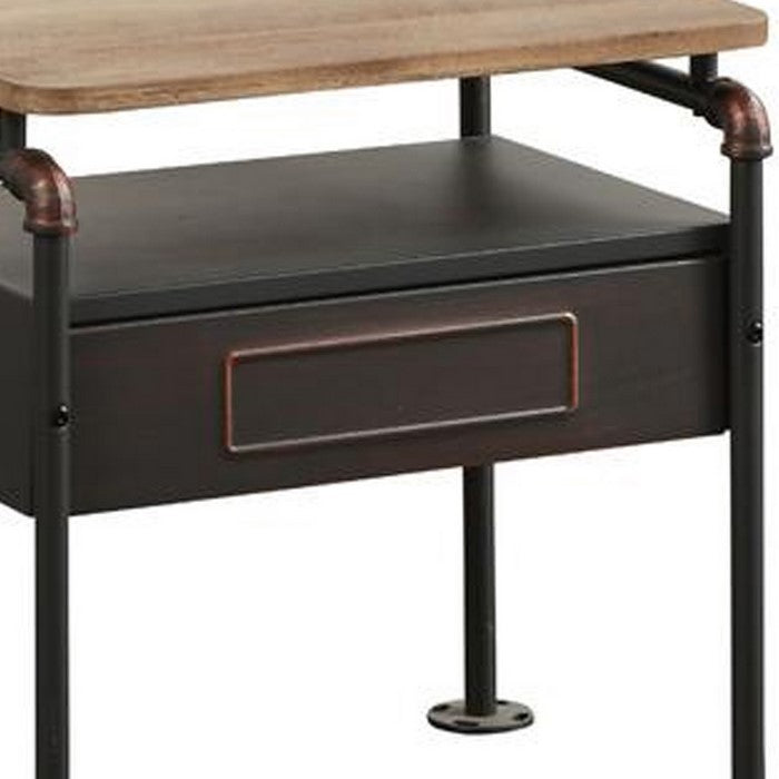 Industrial Pipe Detailed Nightstand With One Drawer And One Shelf, Antique Oak and Sandy Grey