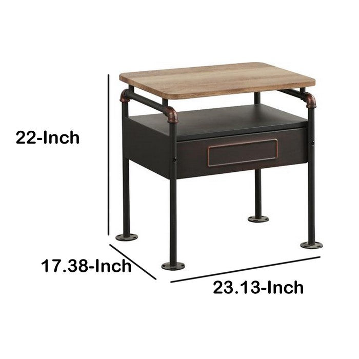 Industrial Pipe Detailed Nightstand With One Drawer And One Shelf, Antique Oak and Sandy Grey
