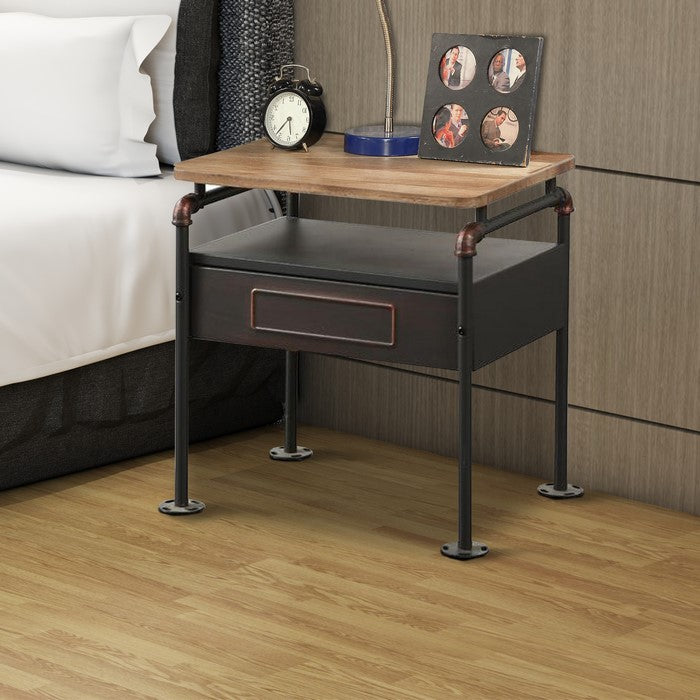 Industrial Pipe Detailed Nightstand With One Drawer And One Shelf, Antique Oak and Sandy Grey