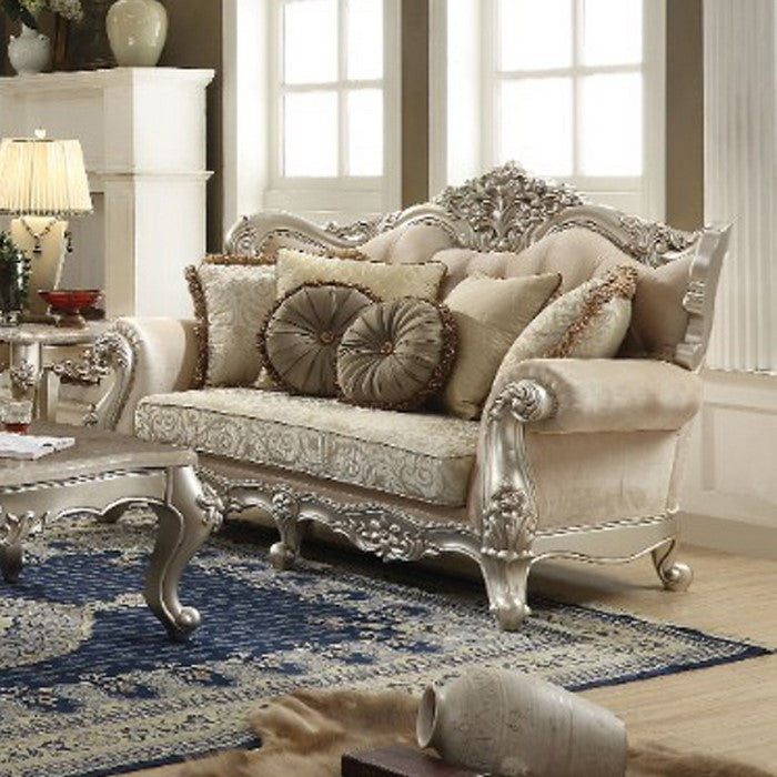 Fabric Upholstery Rolled Arm Loveseat With Five Pillows, Champagne
